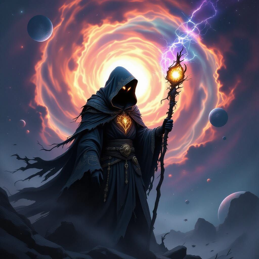 Arcane Figure Wielding Cosmic Power in Dark Fantasy Style