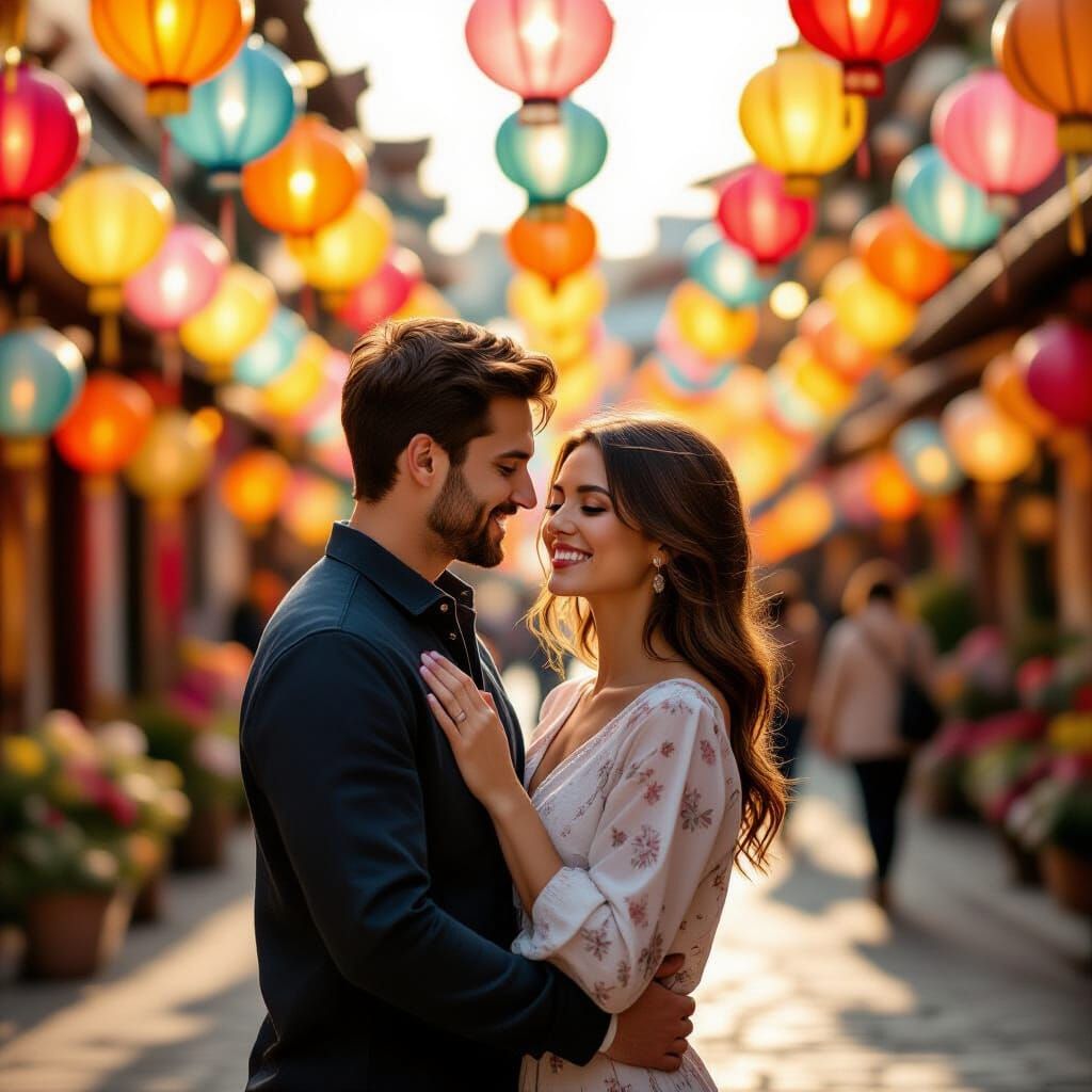 Romantic Lantern Festival Scene in Pastel Sunlight
