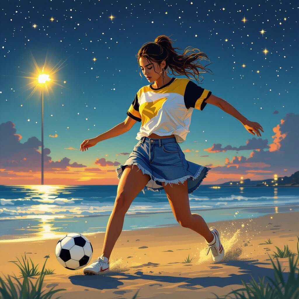 Woman Kicking Soccer Ball on Beach in Digital Painting