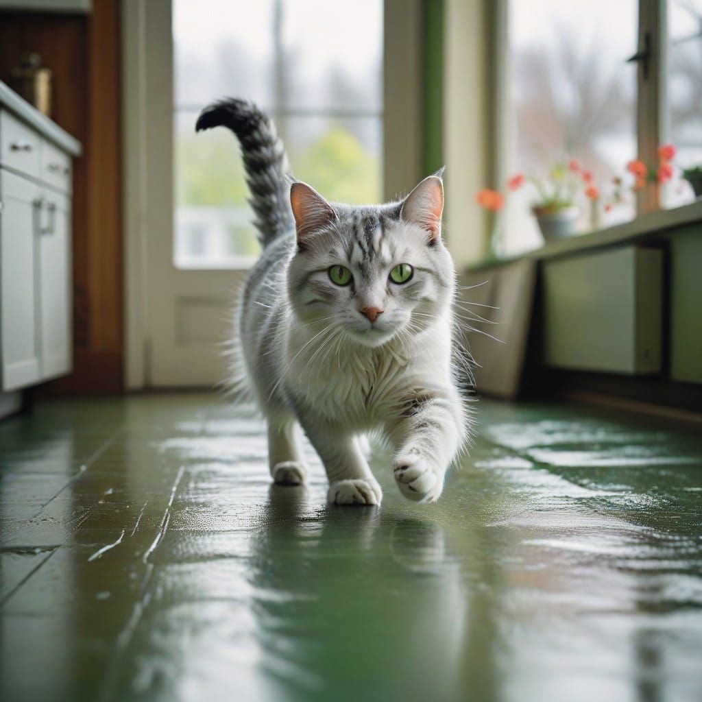 Playful White Cat Pounces on Toy in Warm Kitchen Light
