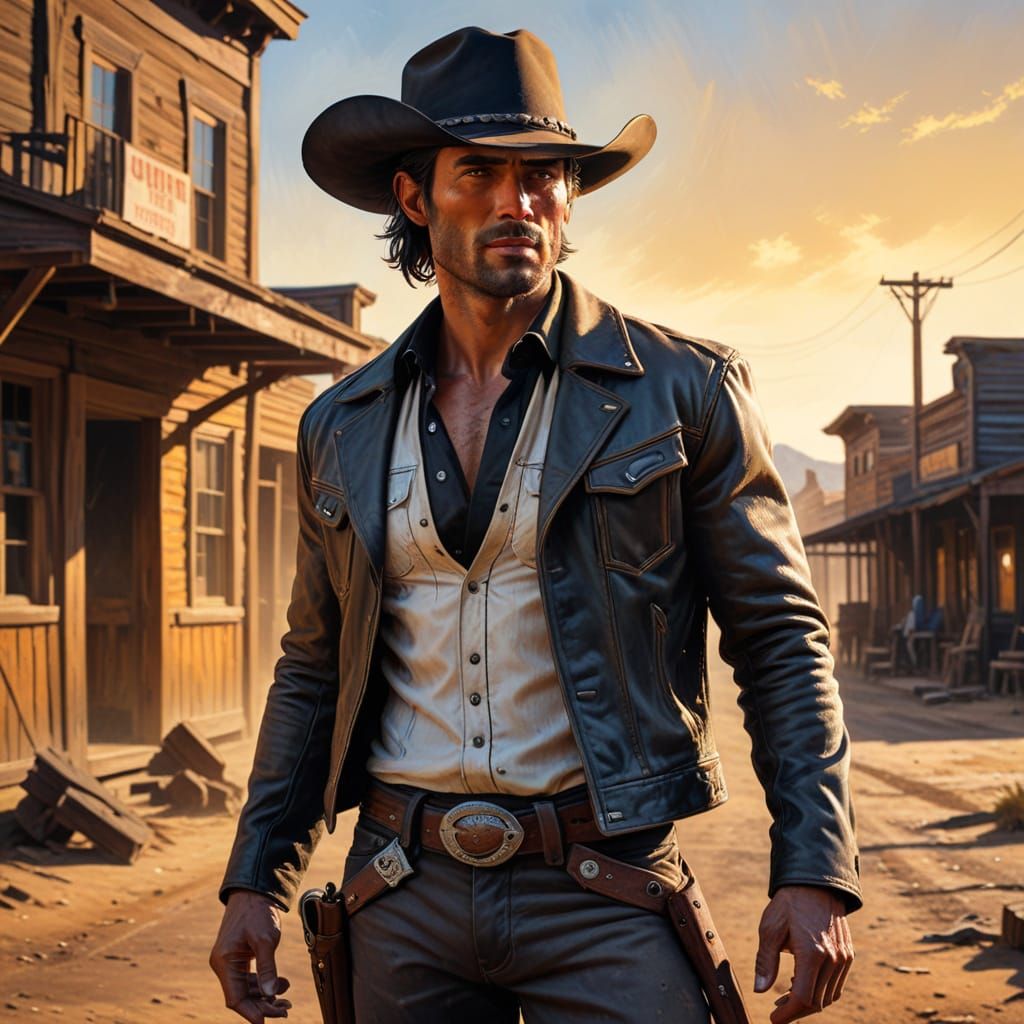 Tall Cowboy Greets in the Golden Hour of a Wild Western Town
