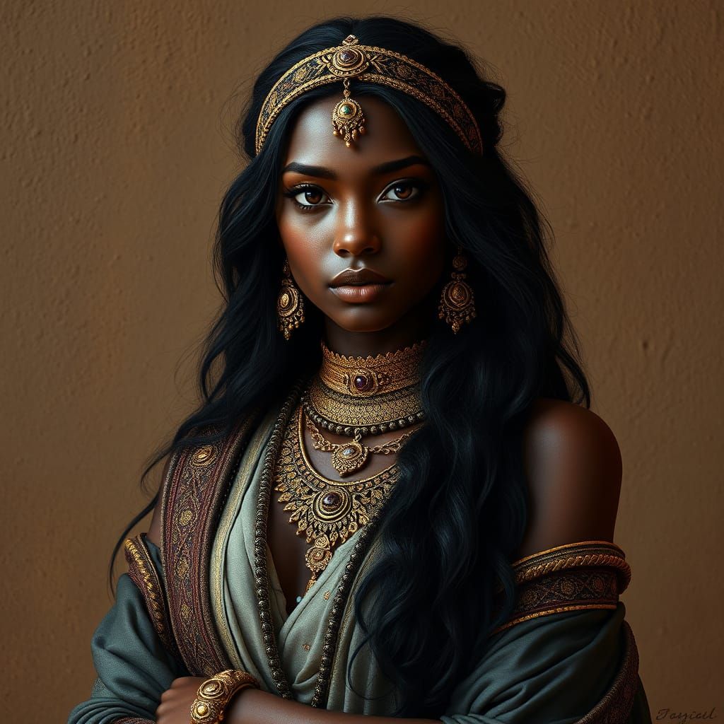 Regal Dark Fantasy Goddess in Ancient Middle Eastern Attire