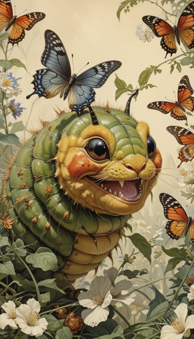 Joyful Caterpillar in Romantic Butterfly Scene