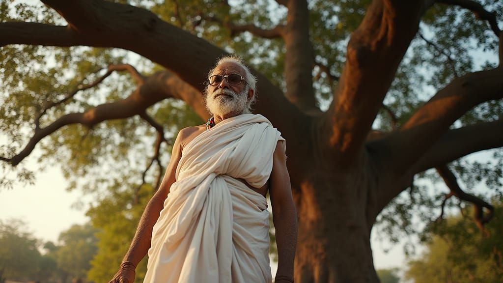 Elderly Village Chief Under Banyan Tree