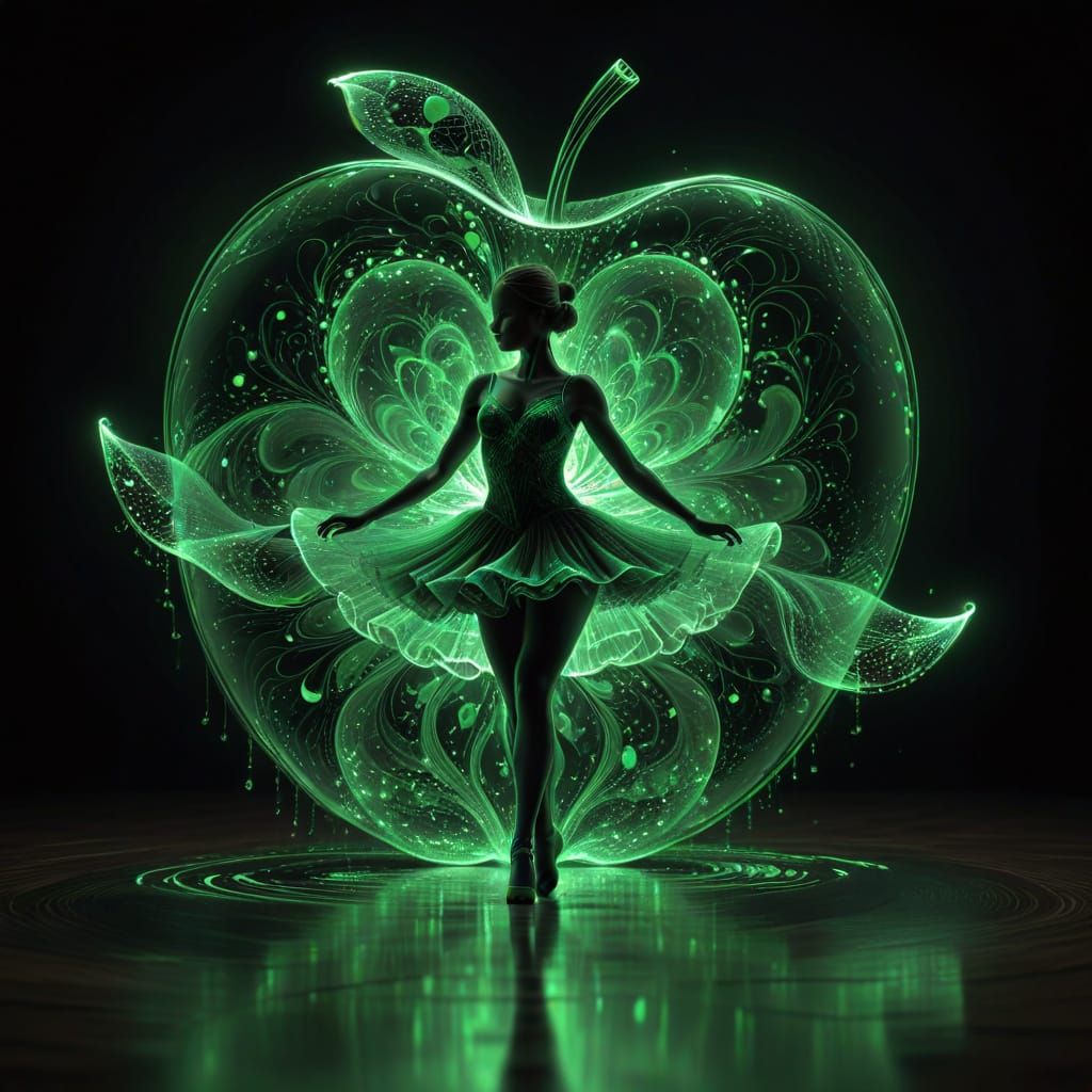 Ethereal Green Light Dances around Ballerina within an Apple
