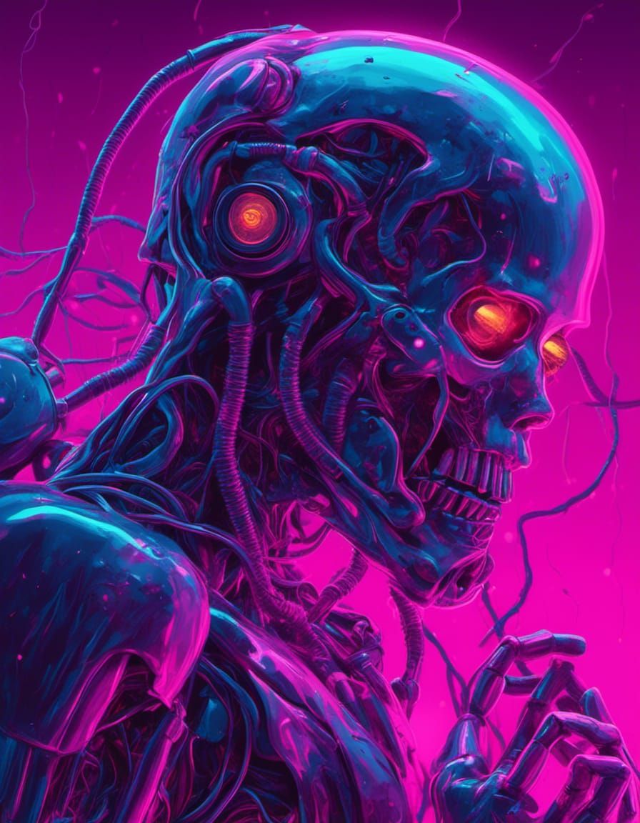 Robot Cyborg in Synthwave Aesthetic Art Style