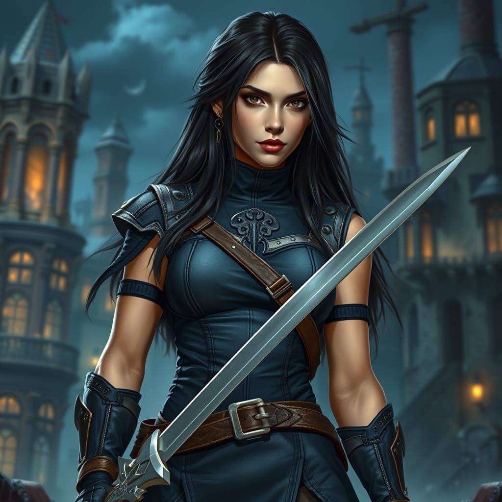 Confident Fantasy Mercenary Stands in Medieval City at Night