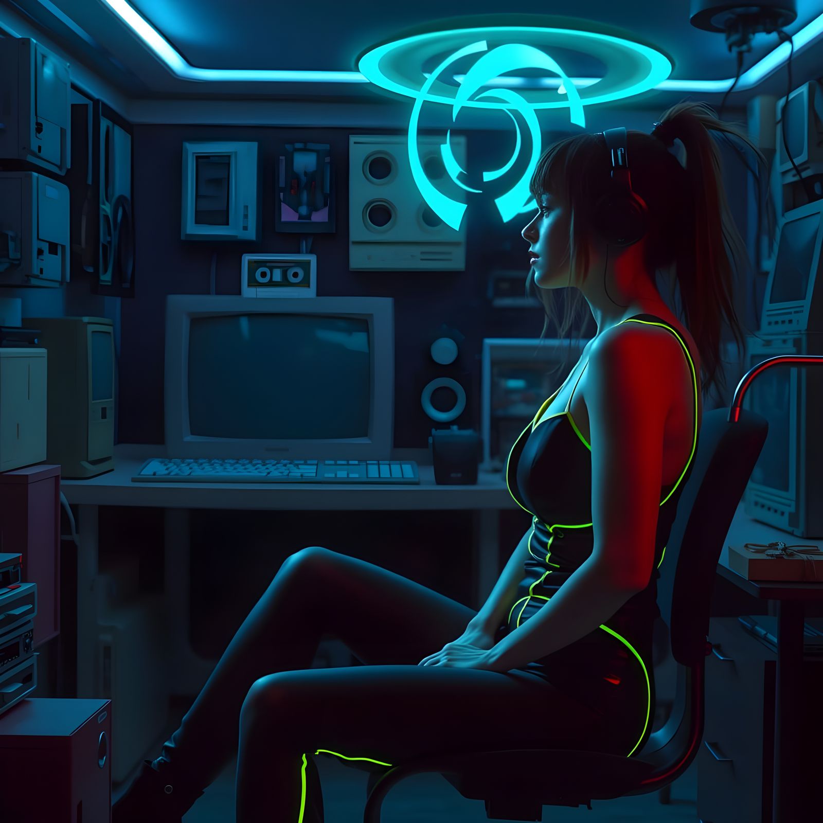 Sleek Cyberpunk Woman Brainwashed by AI Girlfriend in Retro-...