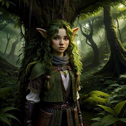 Green-Skinned Halfling in Whimsical Forest