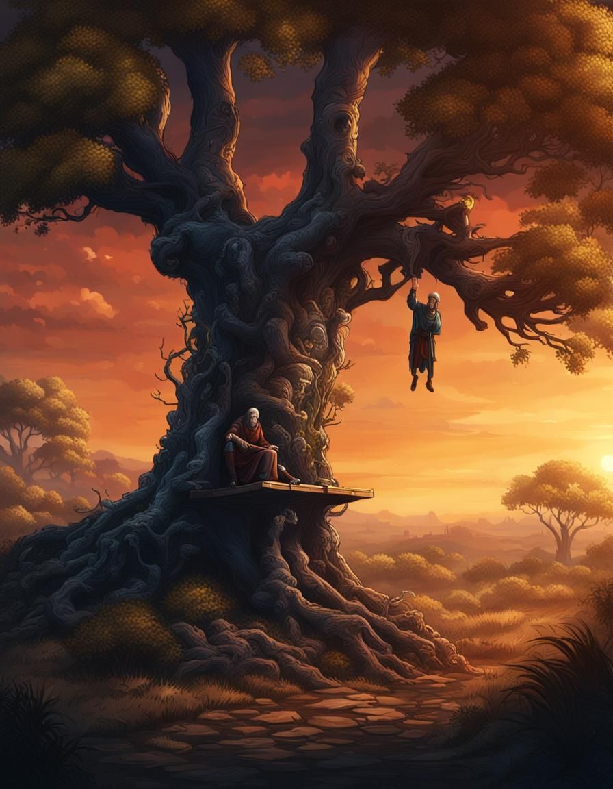 Dramatic Pen Drawing of Judas Hanging from Tree