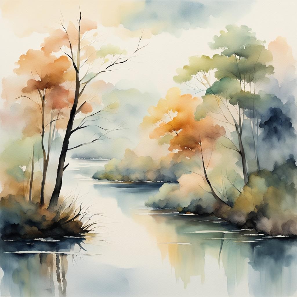 Watercolor River: Tranquil Misty Landscape in Soft Hues