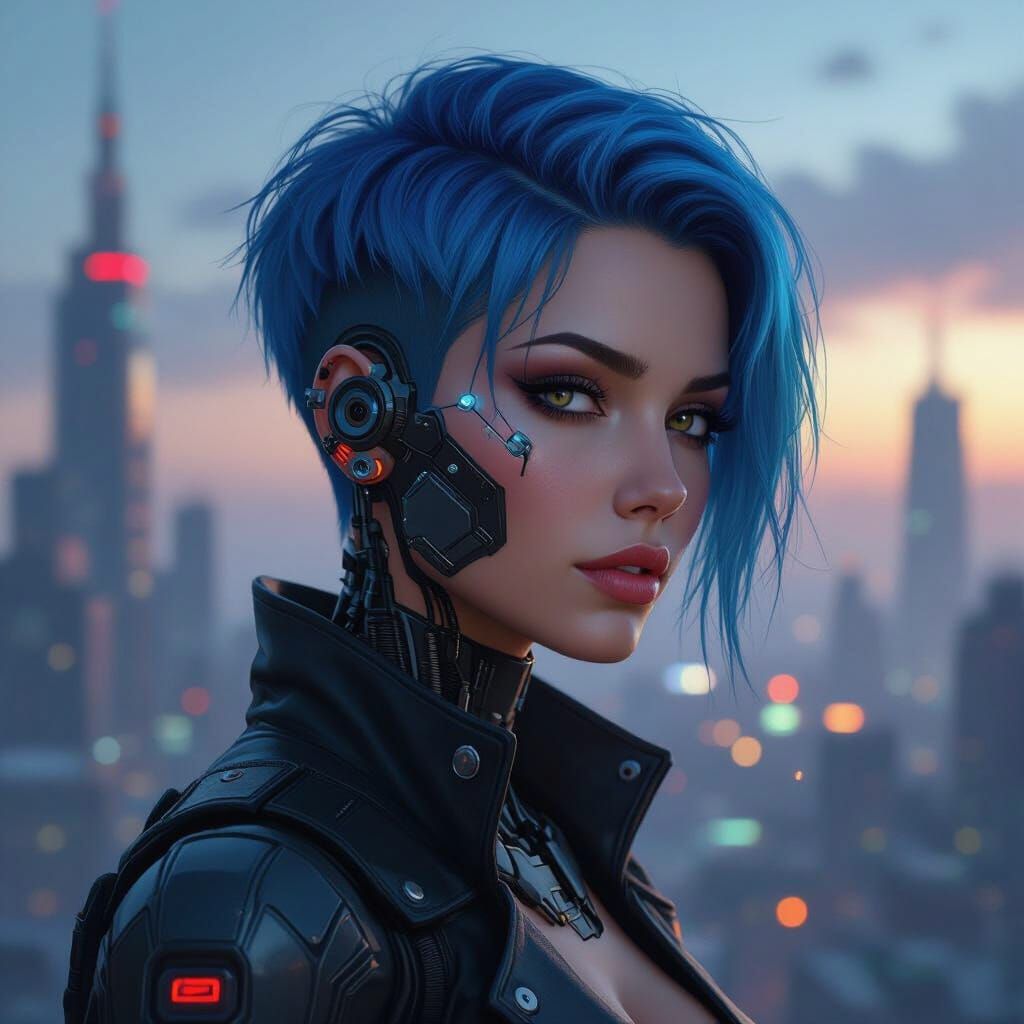 Cyberpunk Woman with Blue Hair in Dystopian City