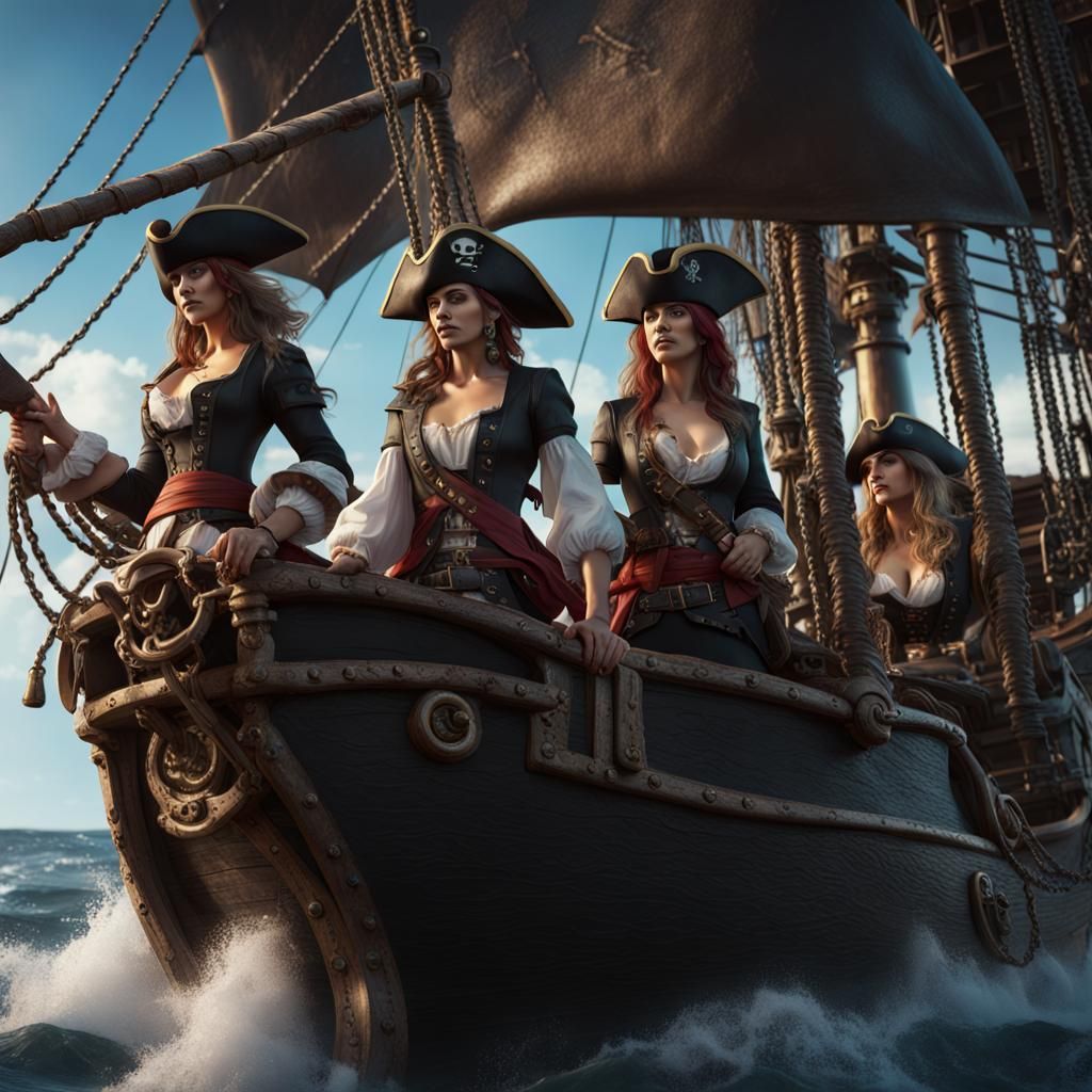 Female Pirate Crew in Black Leather: Detailed Art