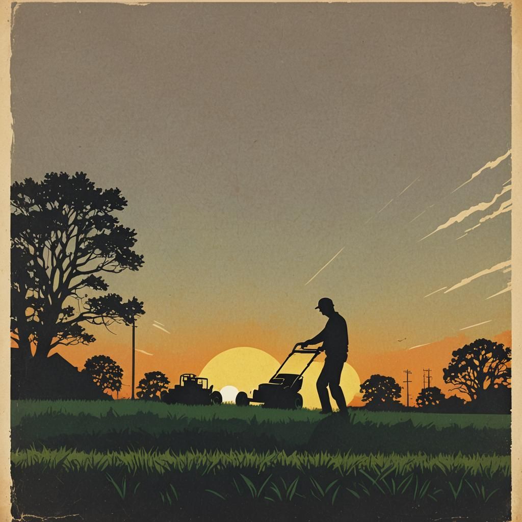 Retro Sunset: Man Mowing Lawn Silhouette