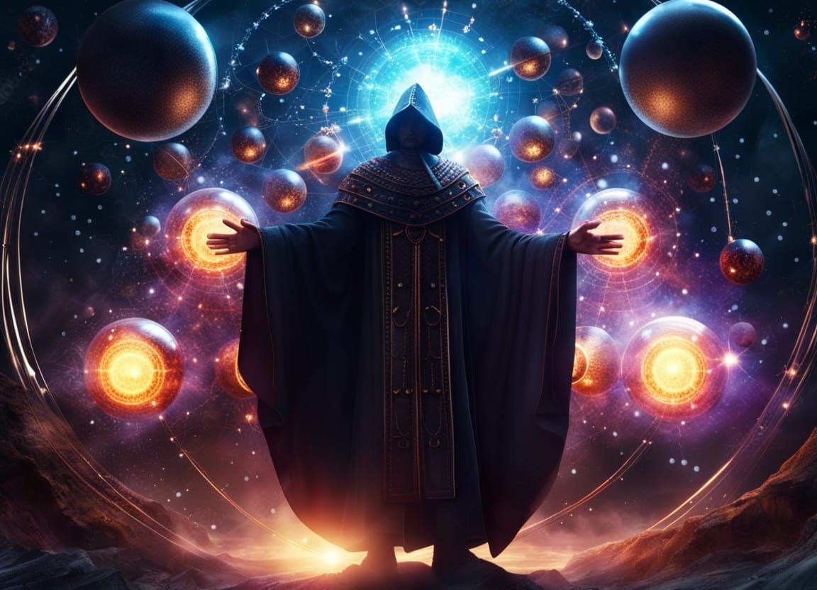 Cosmic Sorcerer Surrounded by Energy Spheres