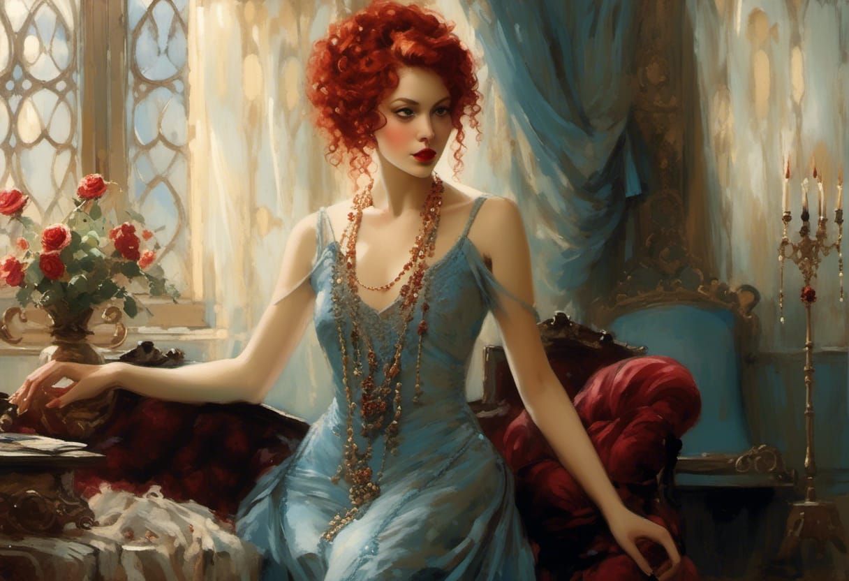 Pale Red-Haired Vampiress in Edwardian Beauty Style