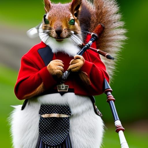 Red Squirrel Plays Bagpipes in Kilt, 8K Photo