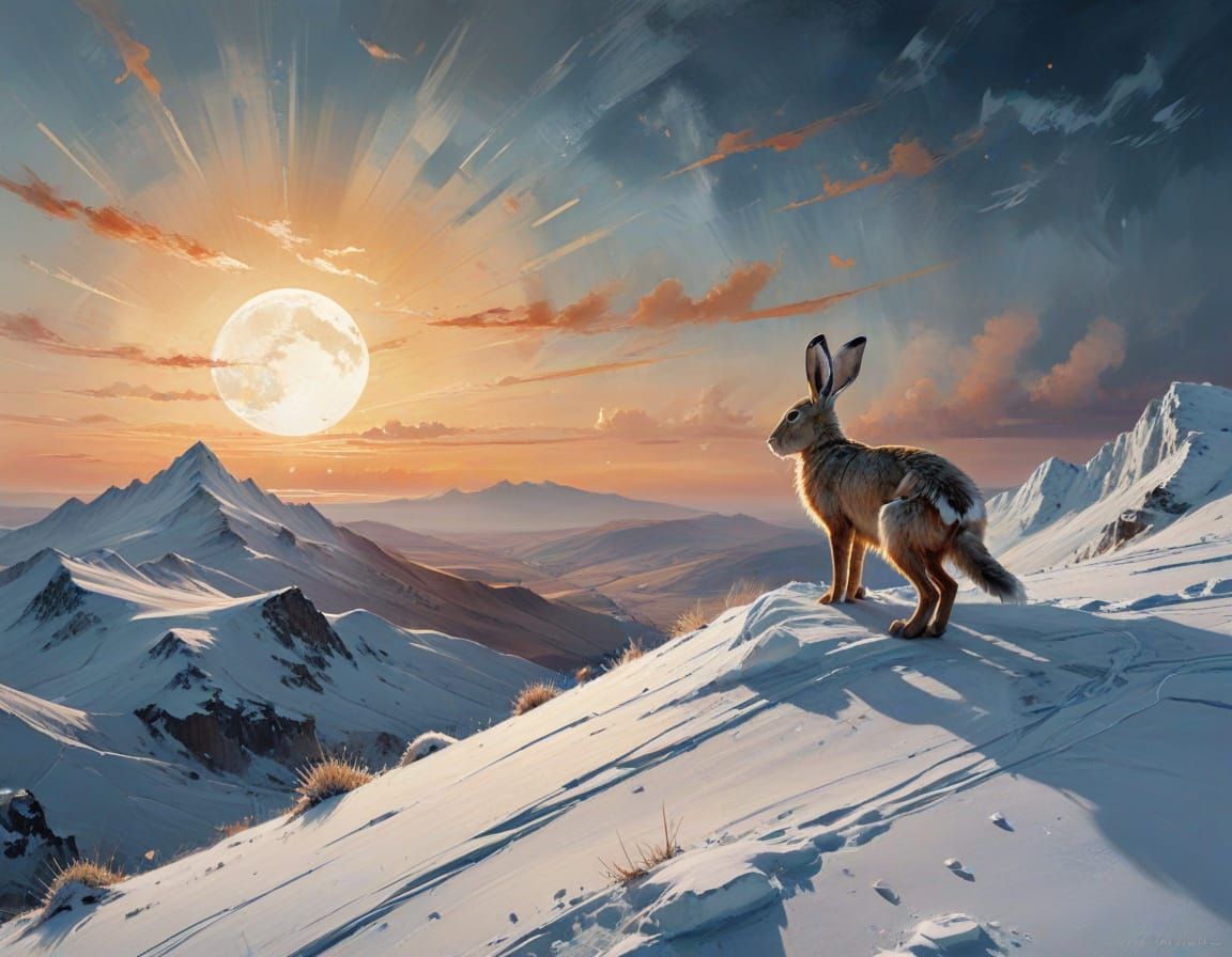 Winter Hare Under Moonlight, Watercolor and Geometric Style