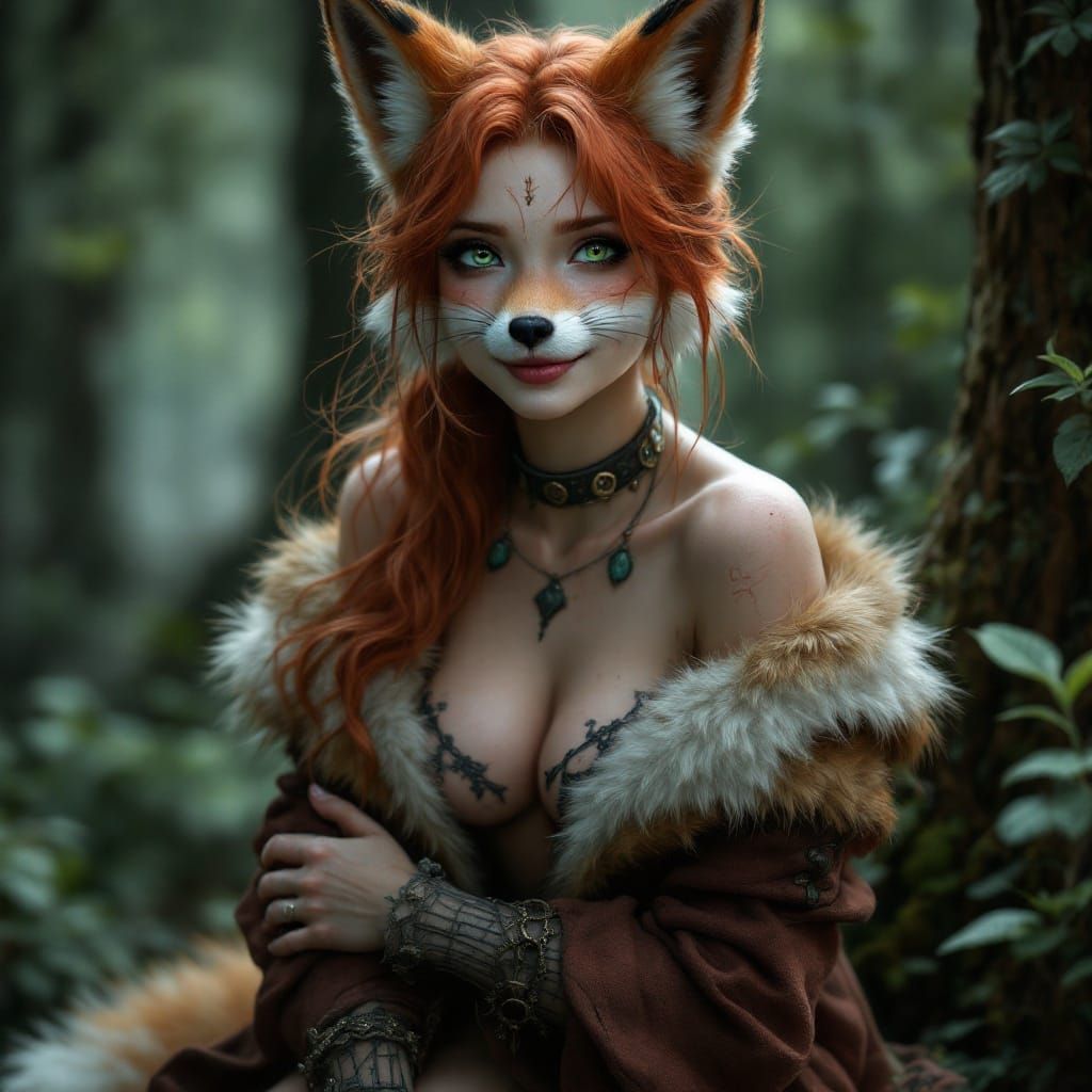 Hyper-Realistic Redhead Fox Woman in Forest