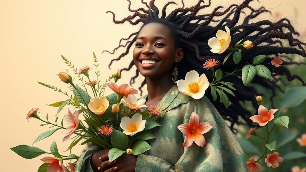 Radiant Black Woman in Botanical-Inspired Ensemble