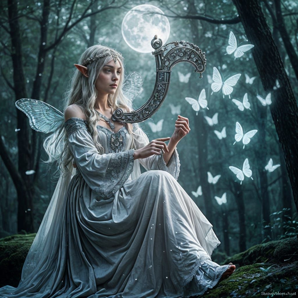 Elven Musician Plays Starlight Harp in Moonlit Forest