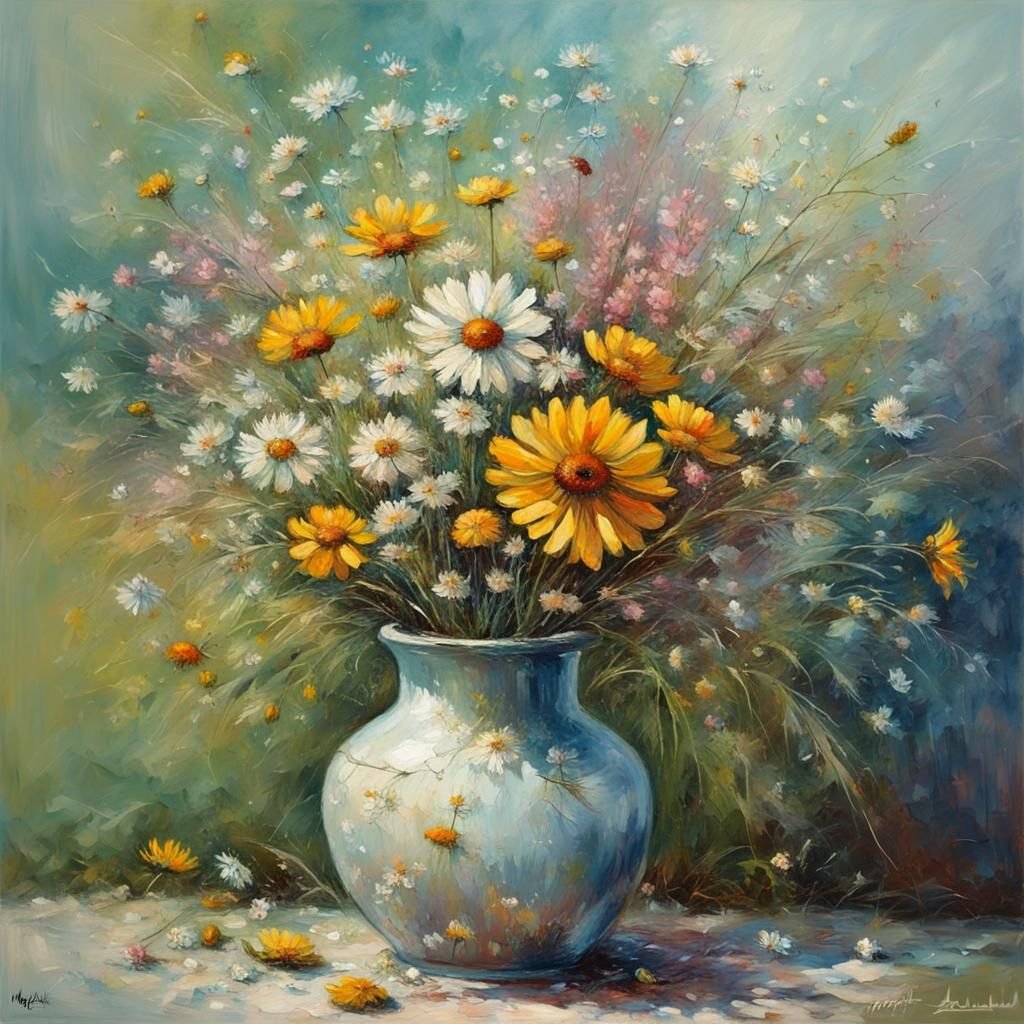 Still Life Flower Vase in Folk Art Style