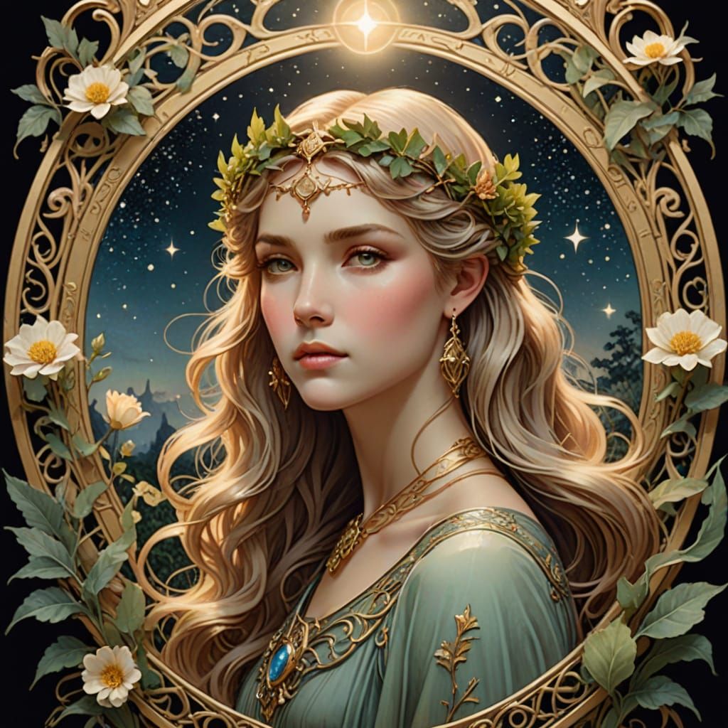 Ethereal Art Nouveau Goddess Adorns Dreamy Garden Scene