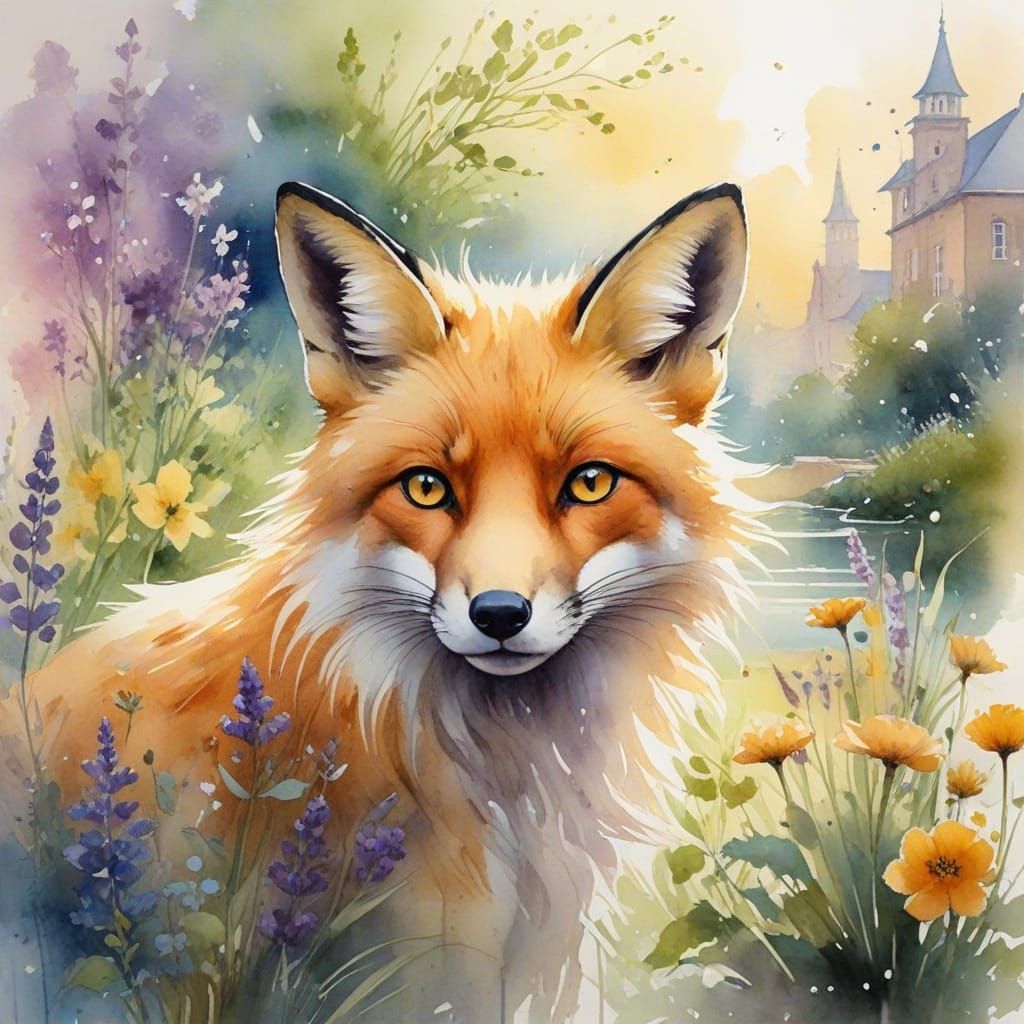 Fox in Urban Garden: Whimsical Watercolour Painting