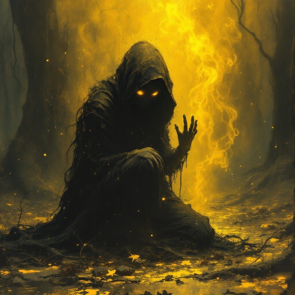 Mysterious Hooded Woman in Dark Forest Eruption