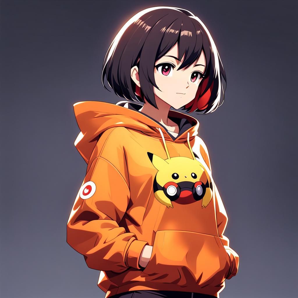 Anime Woman in Pokemon Hoodie, Cel-Shaded Style