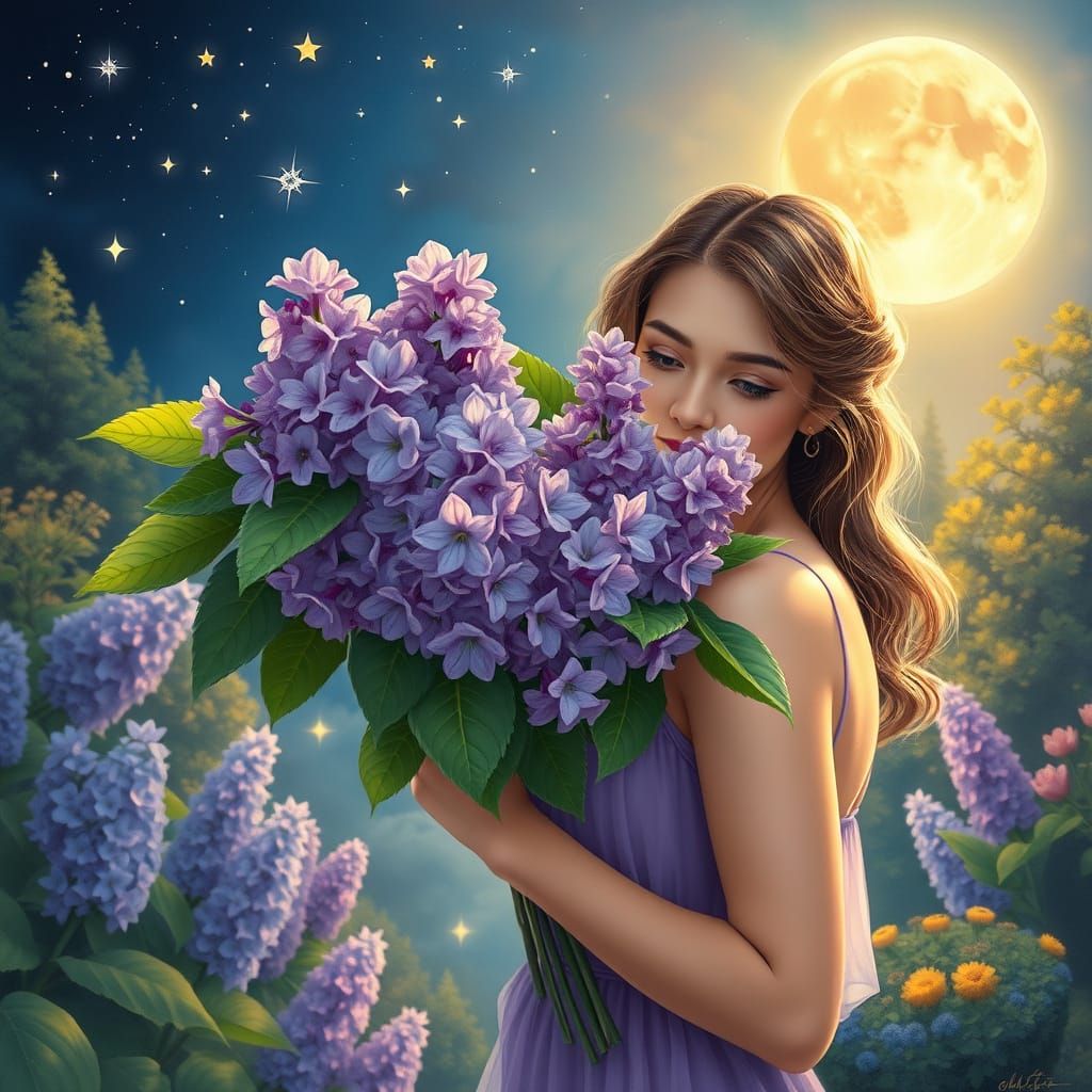Dreamy Lilac Bouquet Under Starry Moonlit Sky