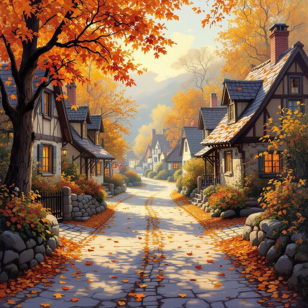 Tranquil Autumn Village Road Oil Painting