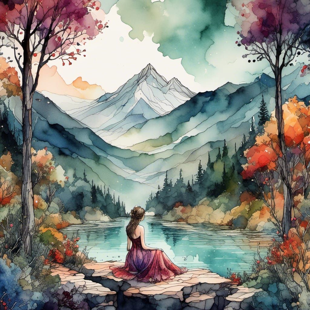 Watercolor Lake Scene with Woman in Dress