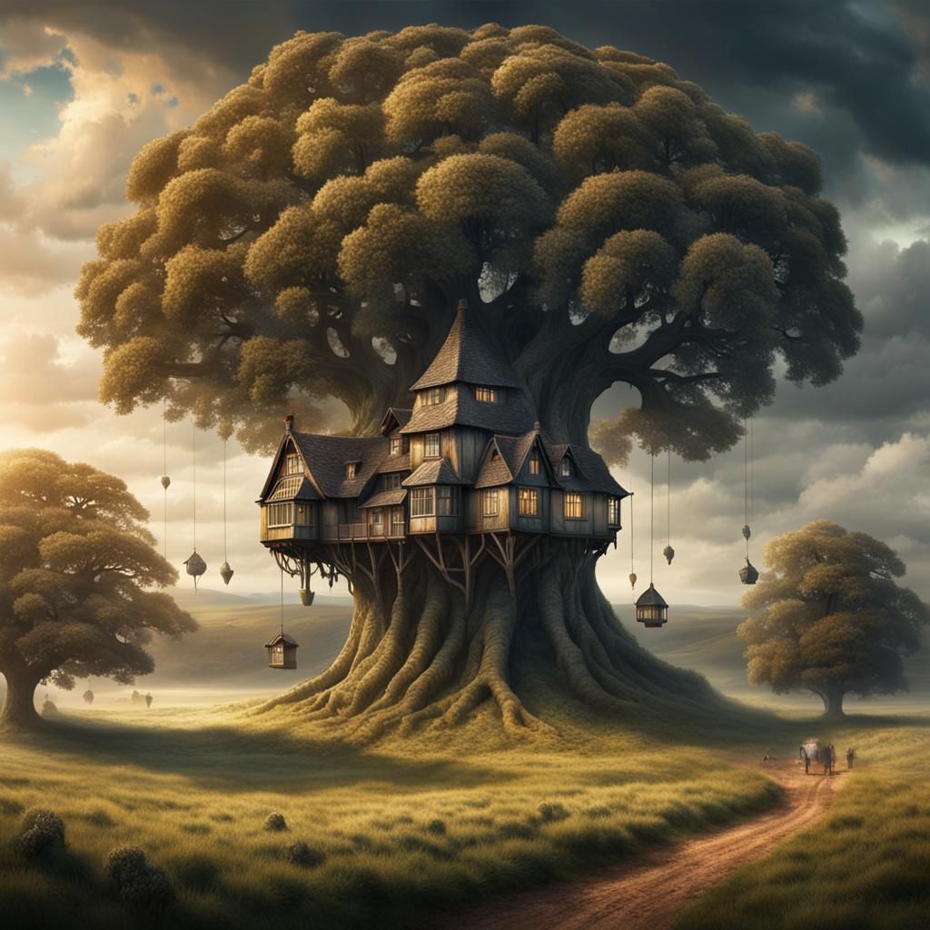 Giant Tree with Acorn Houses in English Field