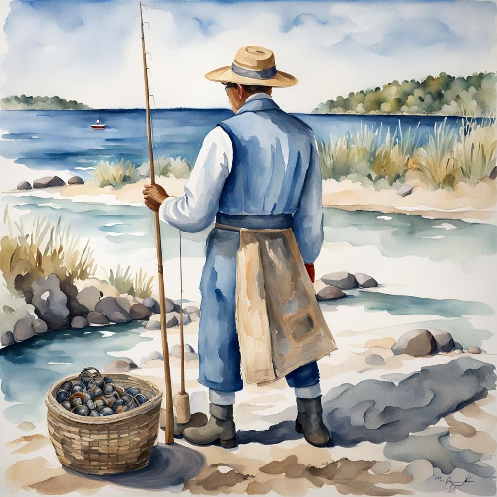 Folk Art Fisherman in Sparkling Sea