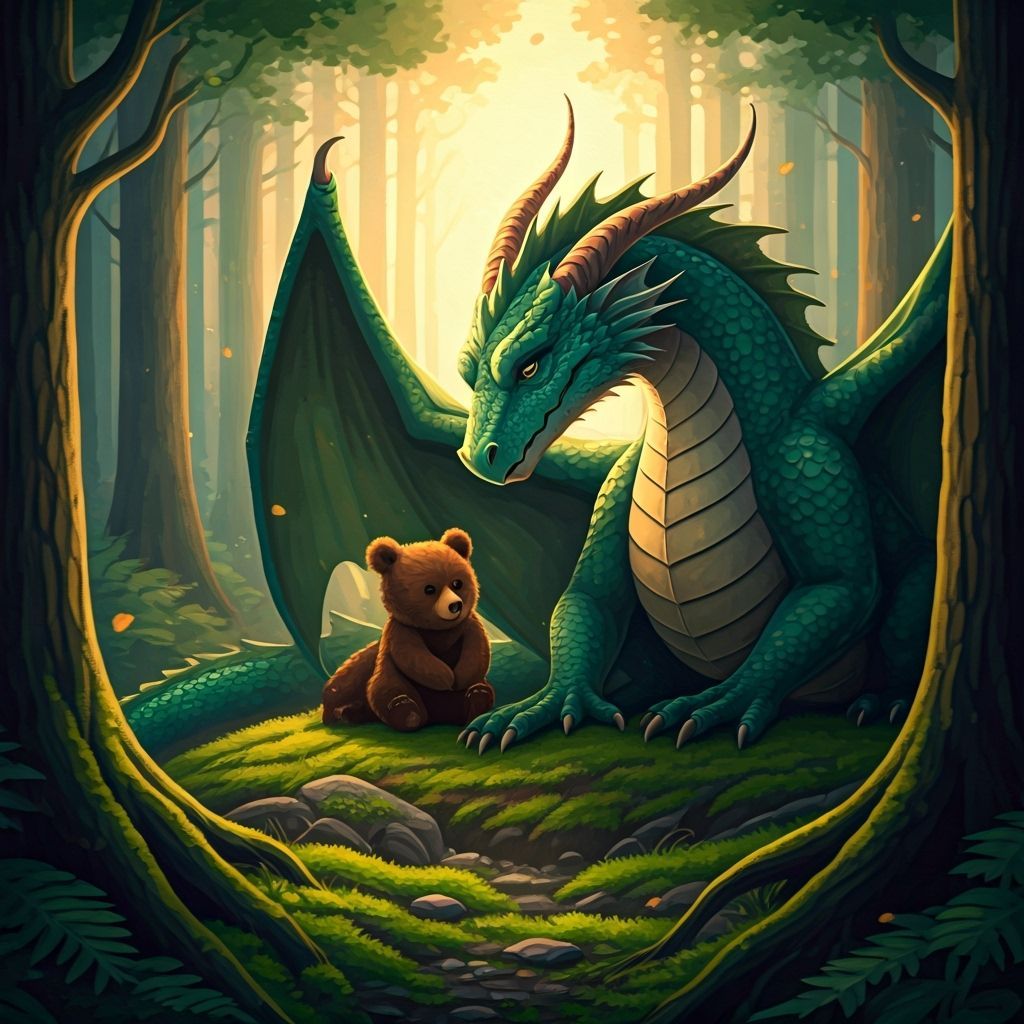 Green Dragon Comforts Cub in Watercolor Anime Style