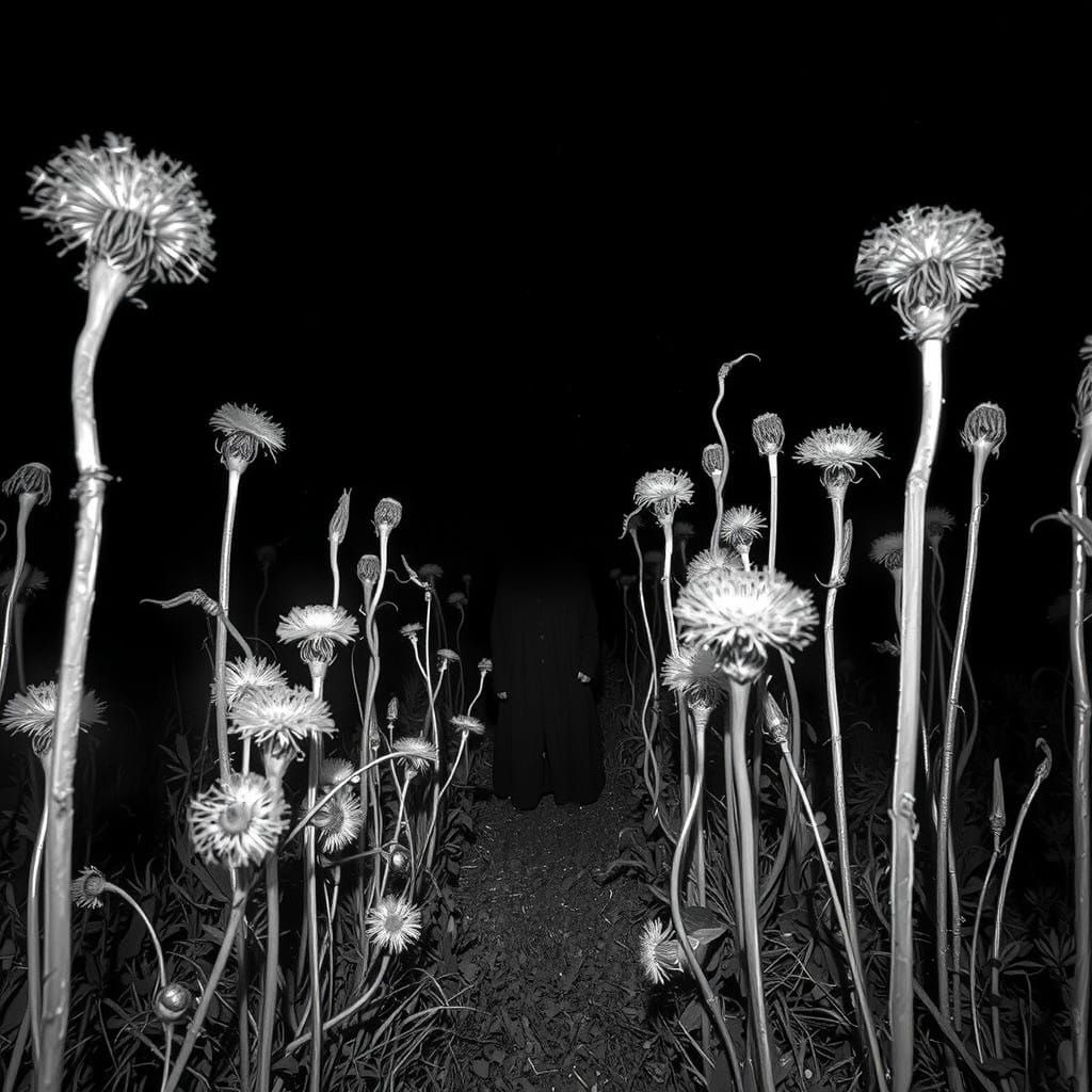 Dark and Ominous Dandelions in a Haunting Black Landscape