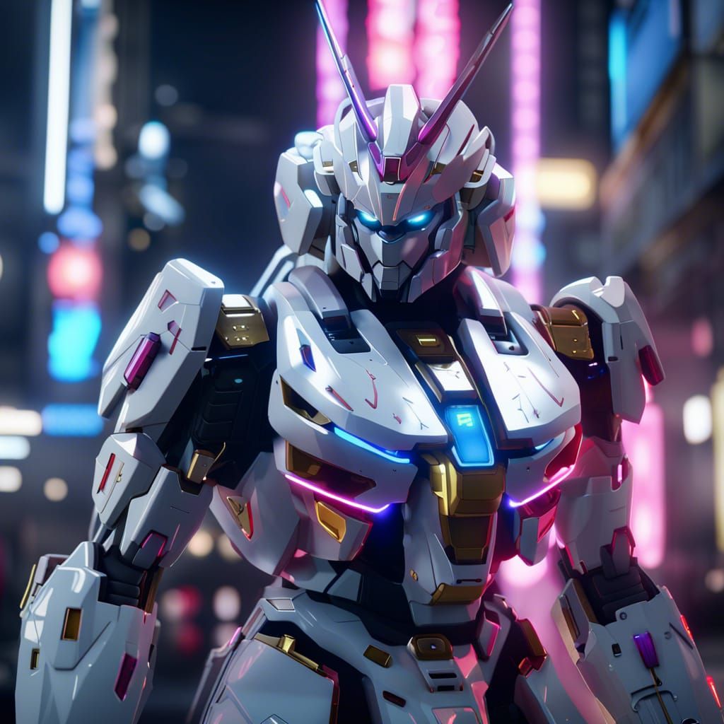 Gundam Unicorn with Neon Accents in 3D Style
