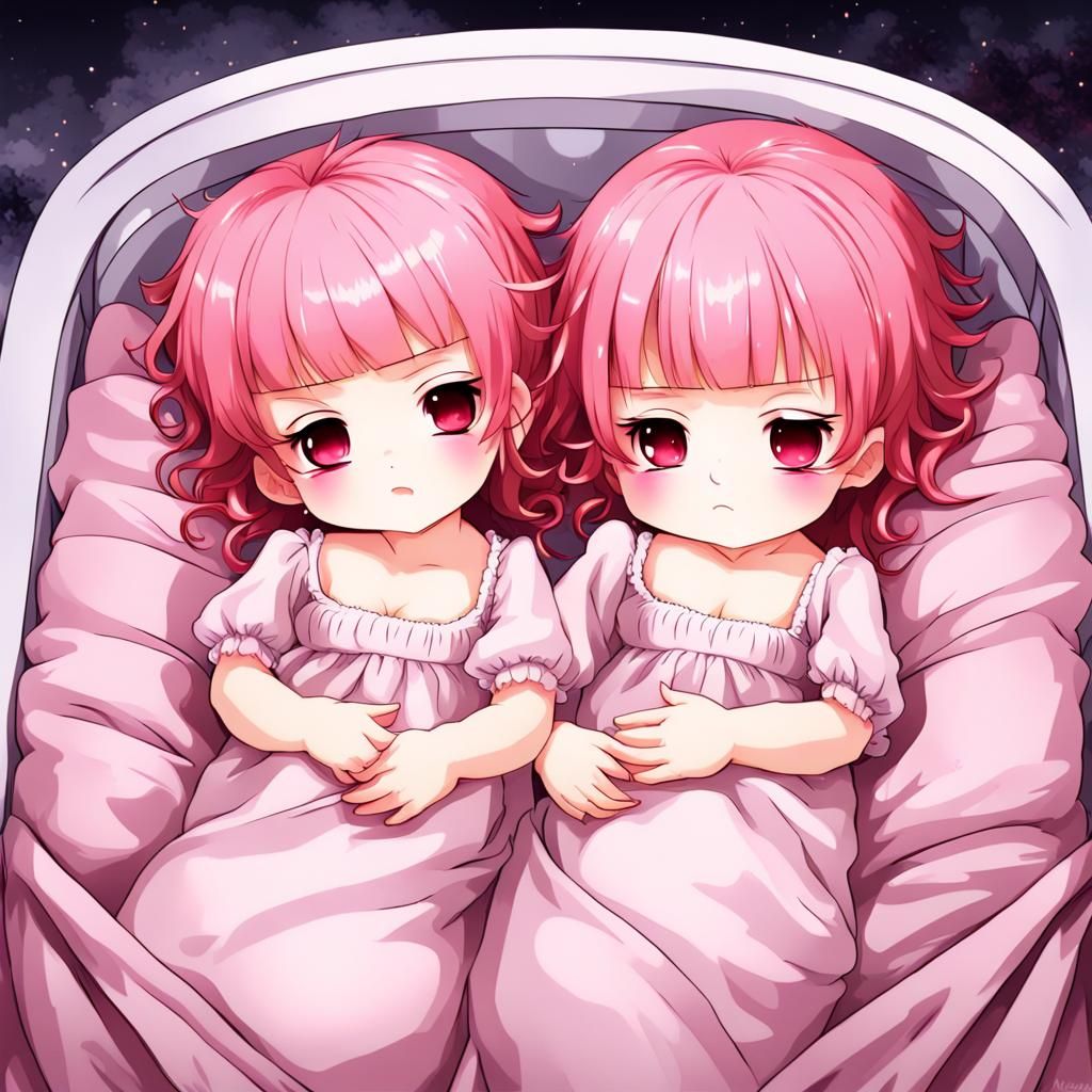 Anime Style Twins Sleeping in Crib