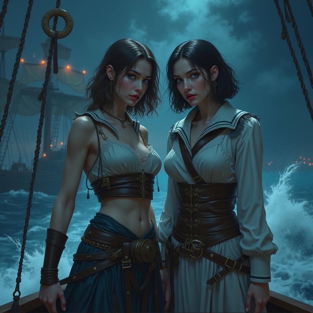 Sisters Stand Heroic on Majestic Ship at Night