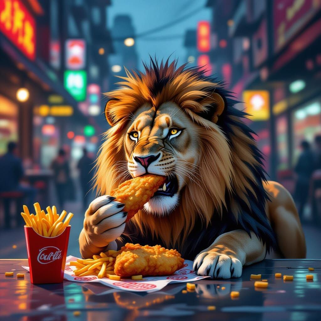 Lion's Futuristic Feast: Street Food Art