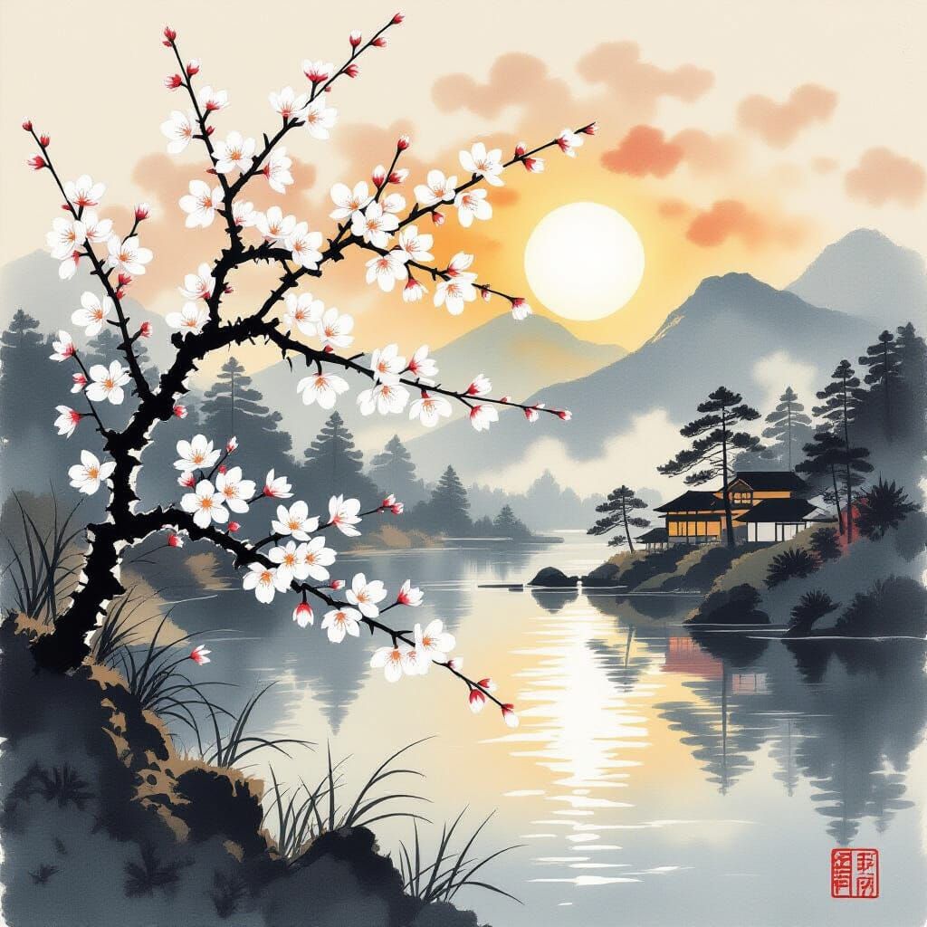 Plum Blossoms at Dawn: Japanese Inksplash Style