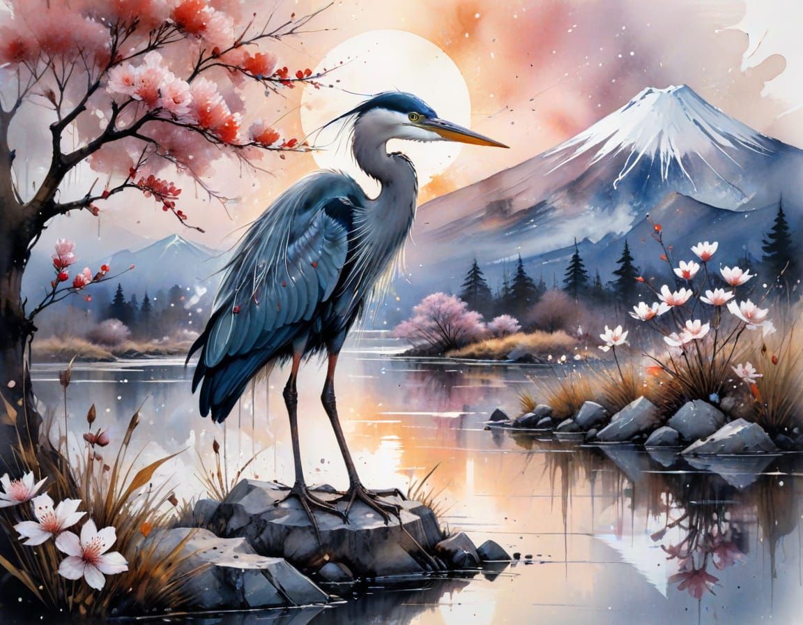 Blue Heron at Sunrise with Mount Fuji. Watercolor art.