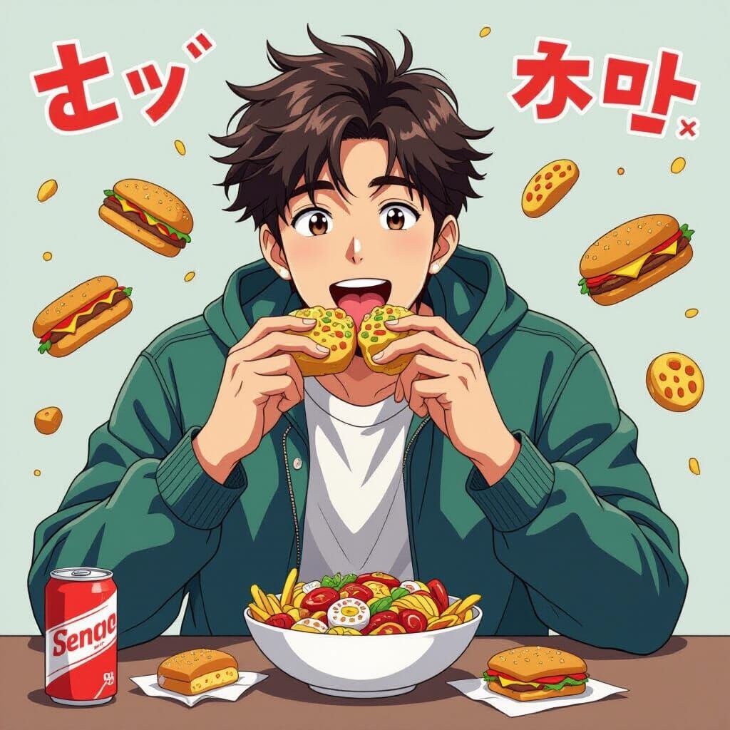 Anime Man Devouring Junk Food with Vibrant Colors