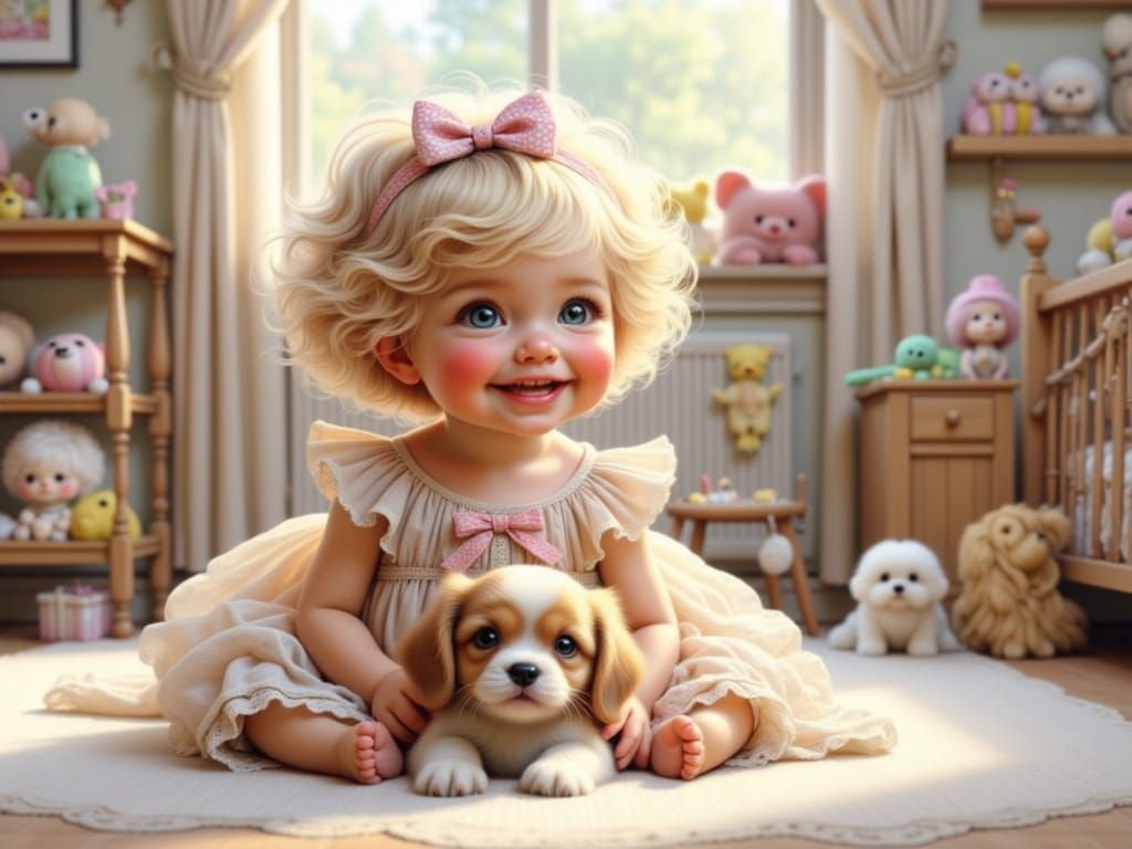 Child and Puppy in Nursery, Illustration Style