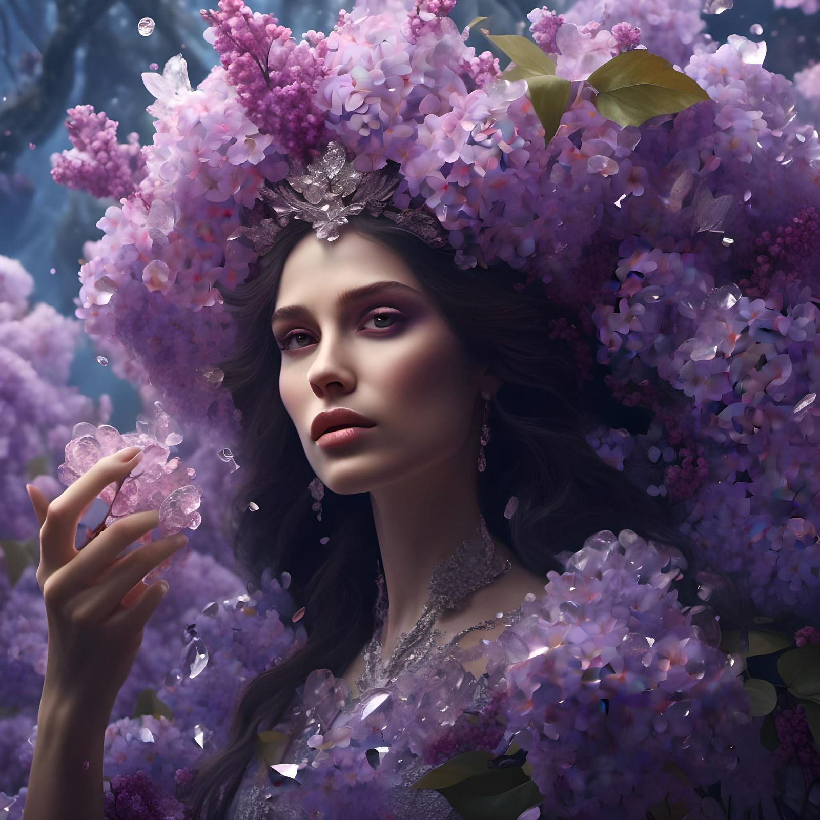 Crystalline Vampire with Lilacs in Hyperreal Detail