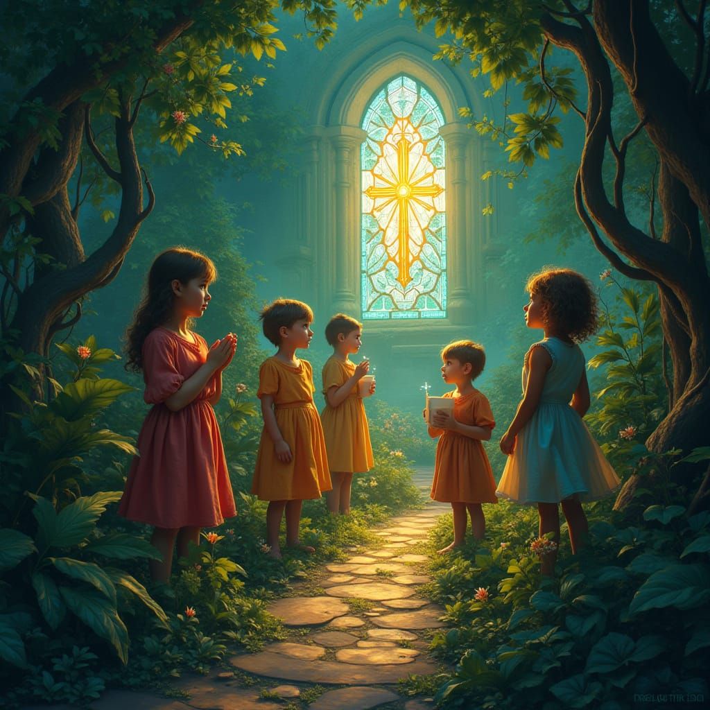 Whimsical Christian Children in Fantasy Landscape
