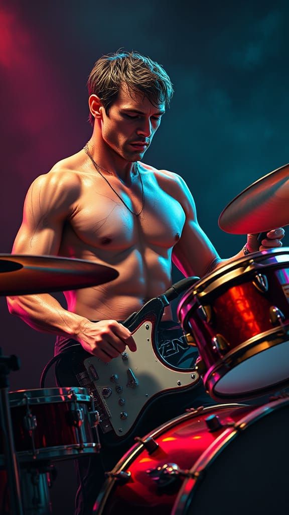 Muscular Handsome Dripping Wet with Sweat Male Drummer witho...