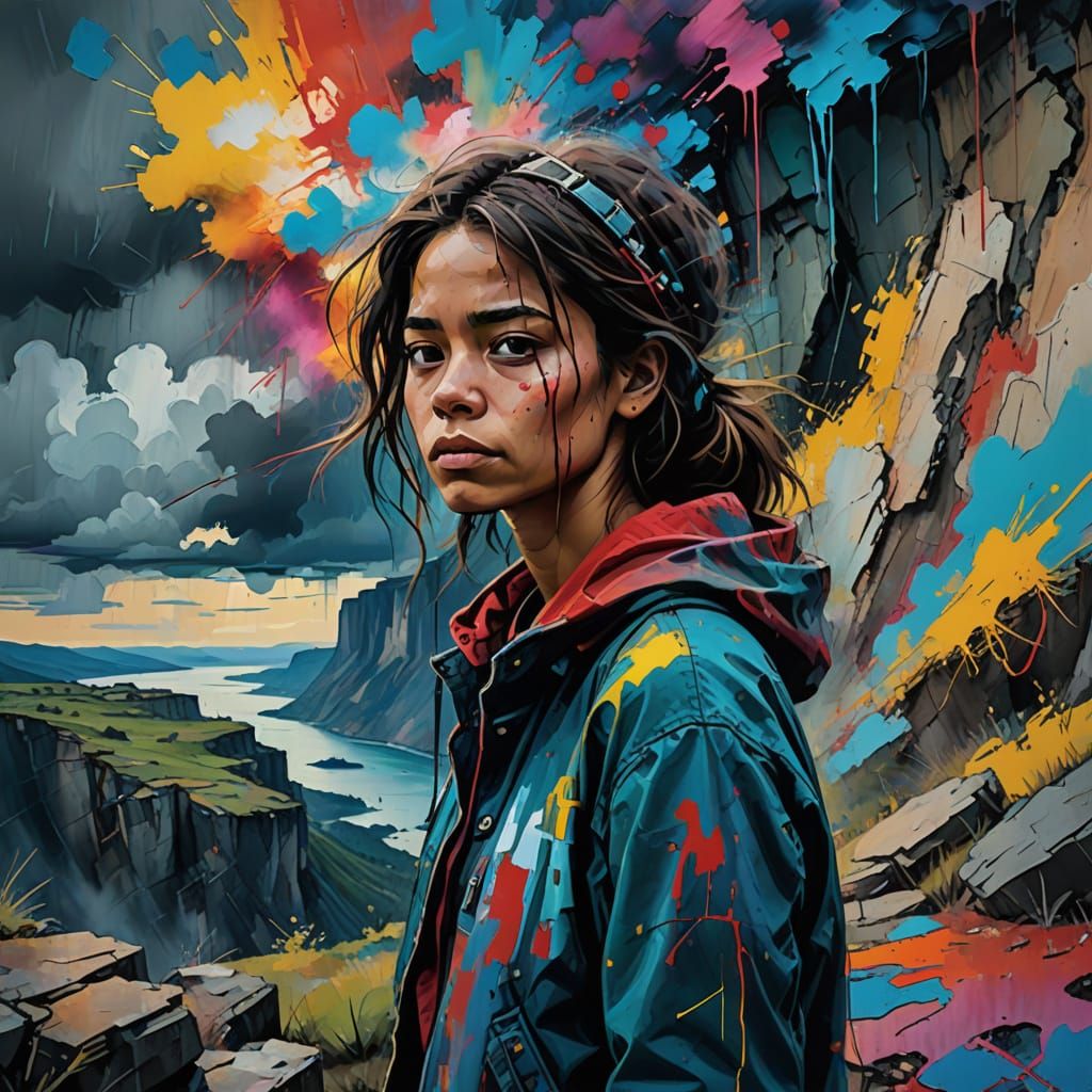 Girl on Cliff's Edge in Abstract Expressionist Style