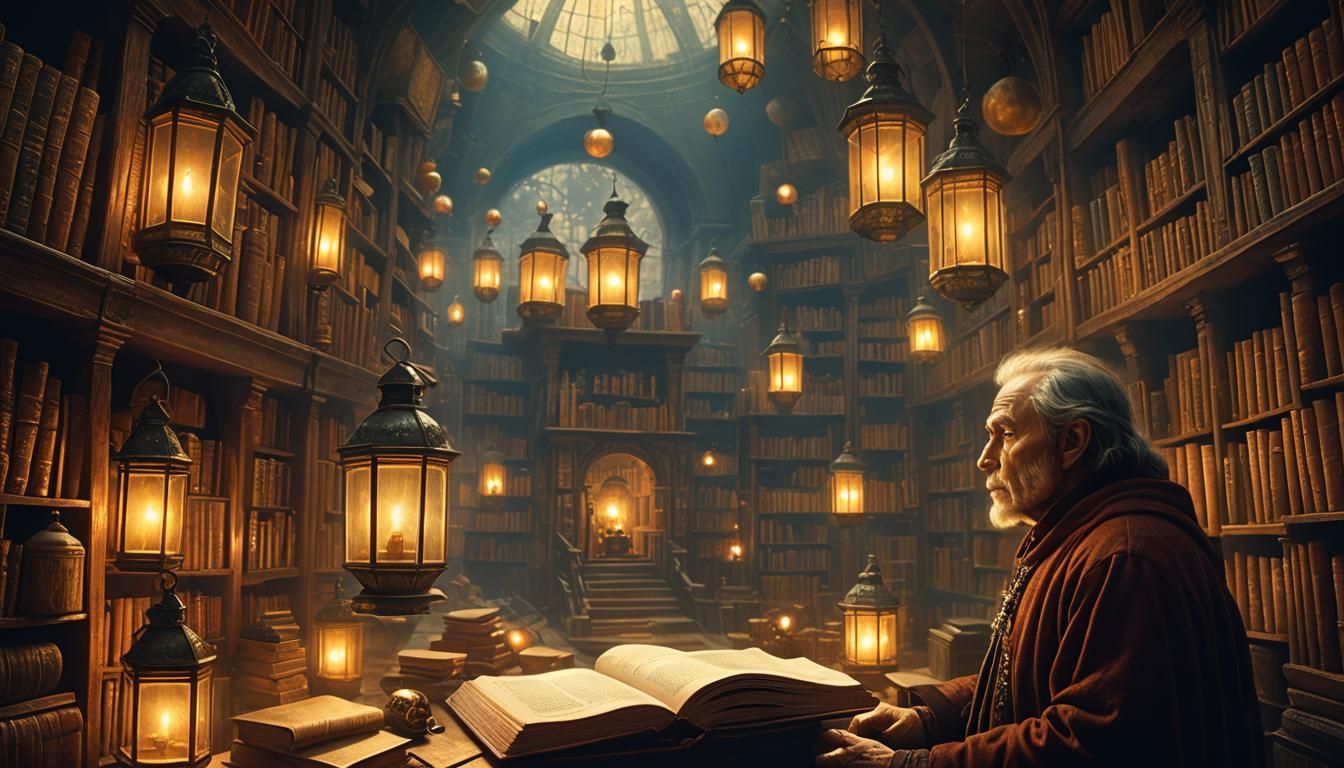 Storyteller in Fantasy Library, Beksiński-Inspired Art